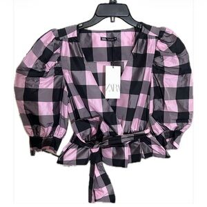 NWT Zara Pink and Black Plaid Blouse
